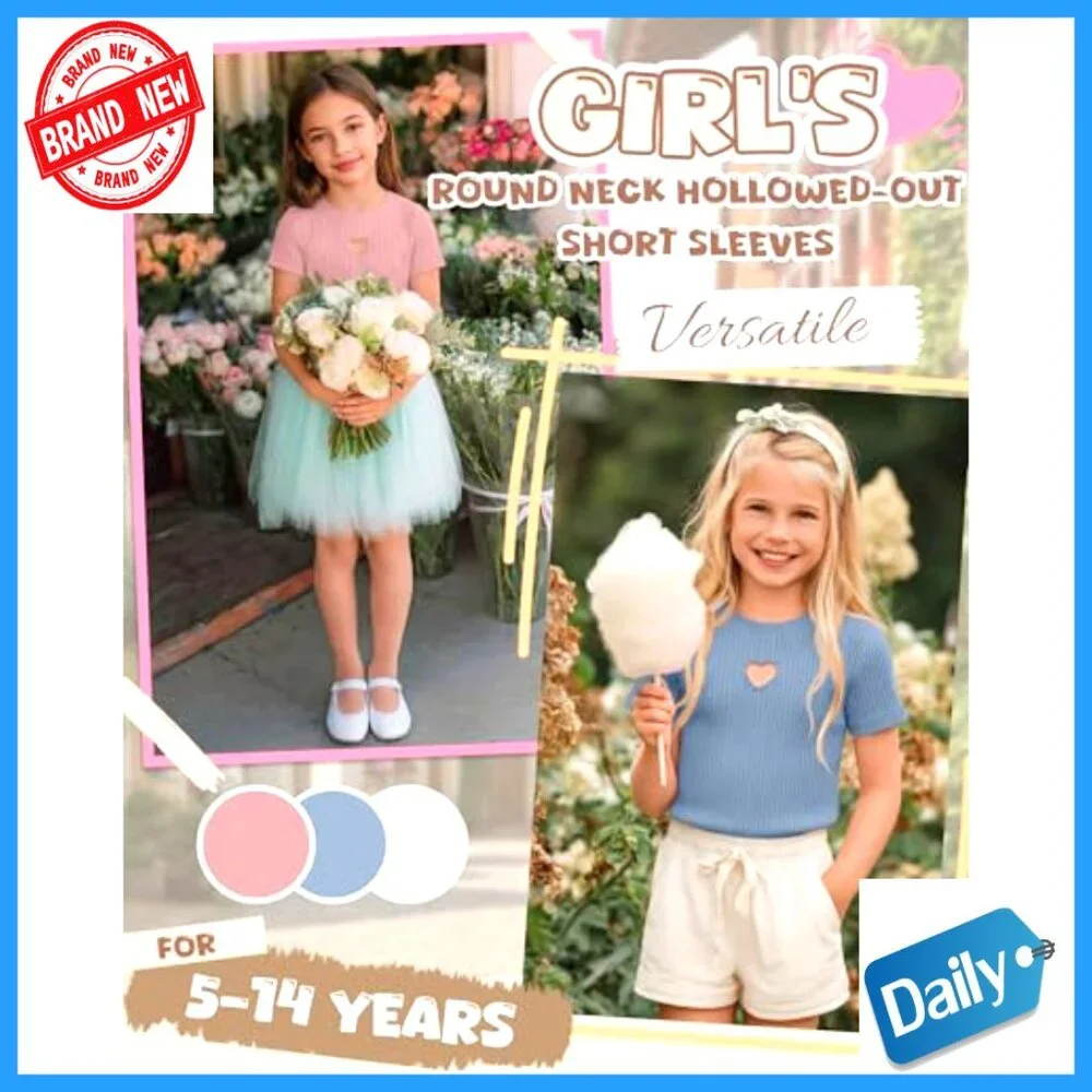 Girls' 3 Pack Cotton Ribbed Tees Slim Fit Heart Cutout Tops 5-14 Years